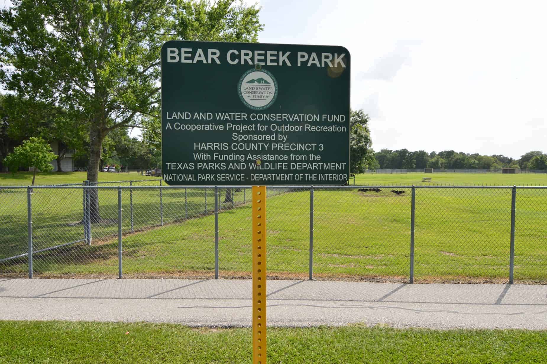 Bear Creek Park Sign in Houston TX