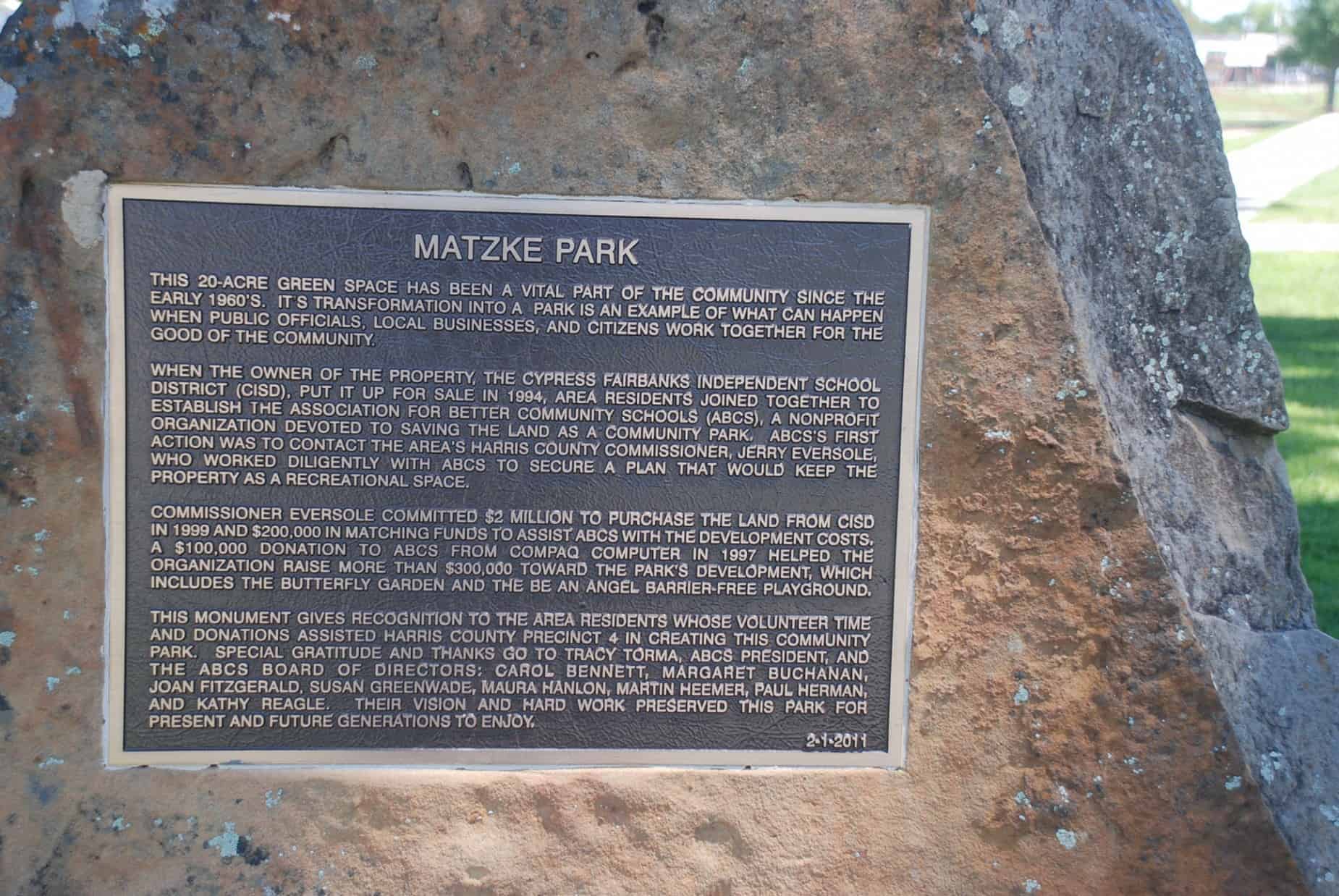 Matzke Park Dedication Monument in Houston TX