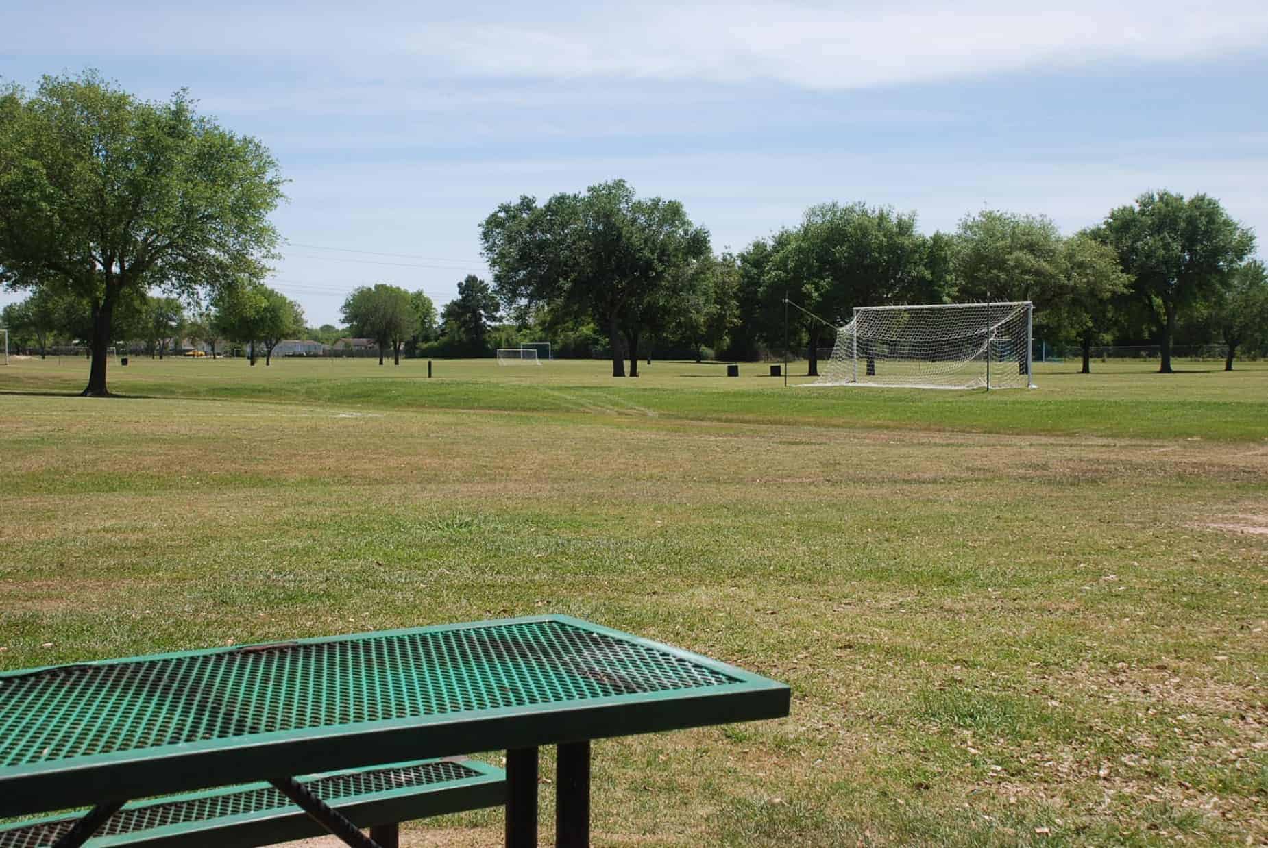 Picnic area adjacent to soccer fields at Zube Park Hockley TX