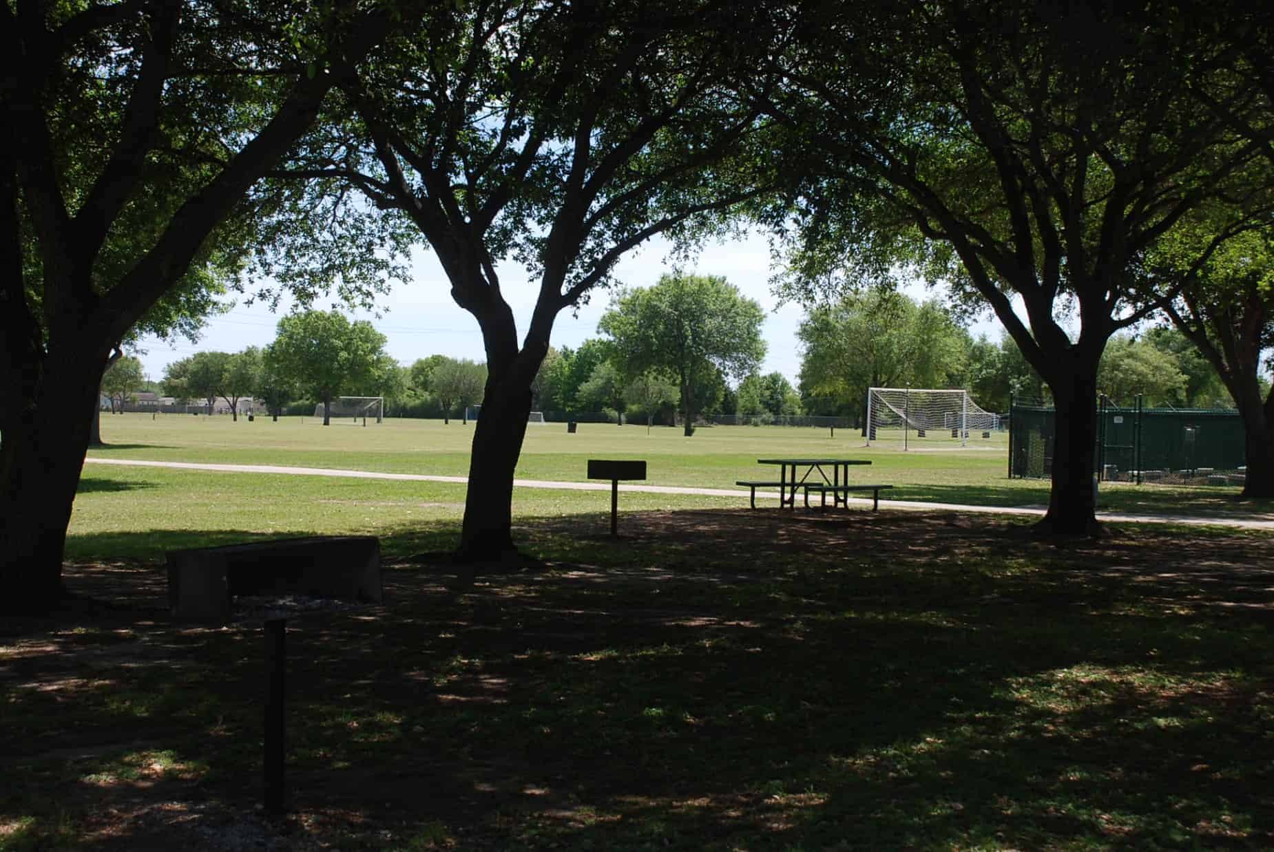 Picnic area adjacent to soccer fields at Zube Park Hockley TX