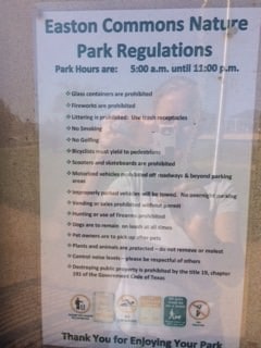 Easton Commons Nature Park Regulations Sign in Houston TX