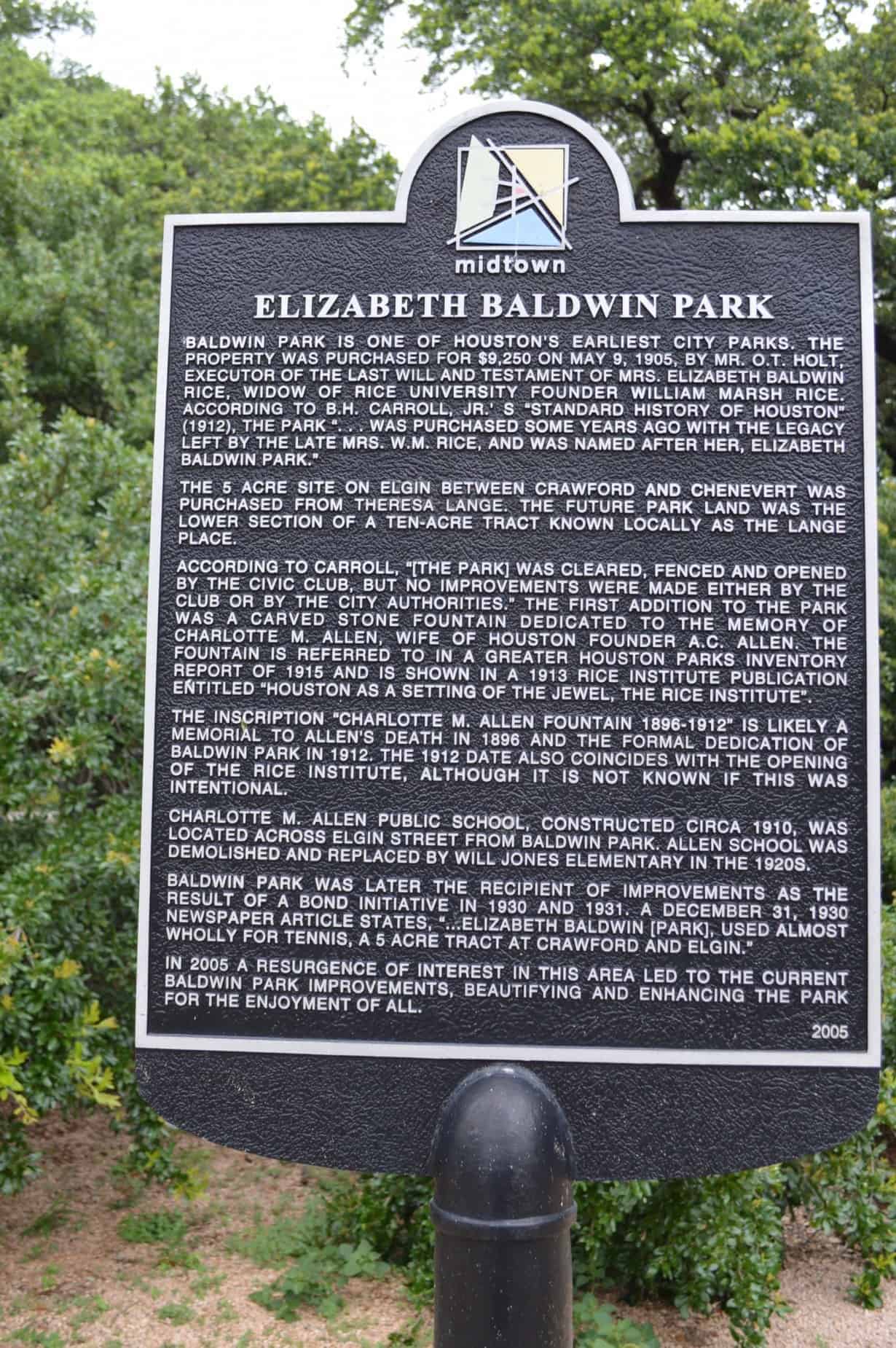 Baldwin Park Plaque in Houston TX