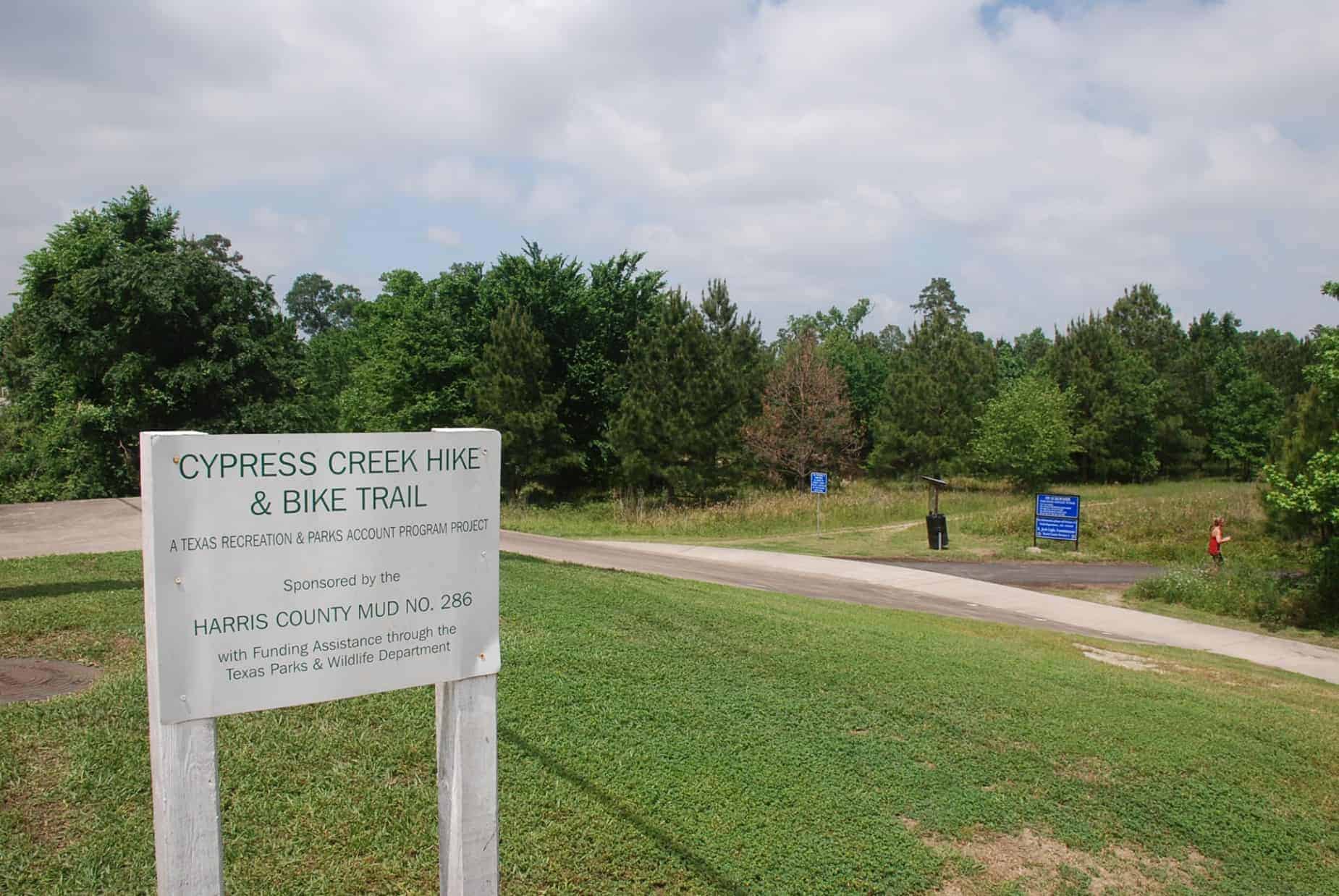 Cypress Creek bike path signage at Jones Road & West boundary of 100 Acre Wood Preserve Houston TX