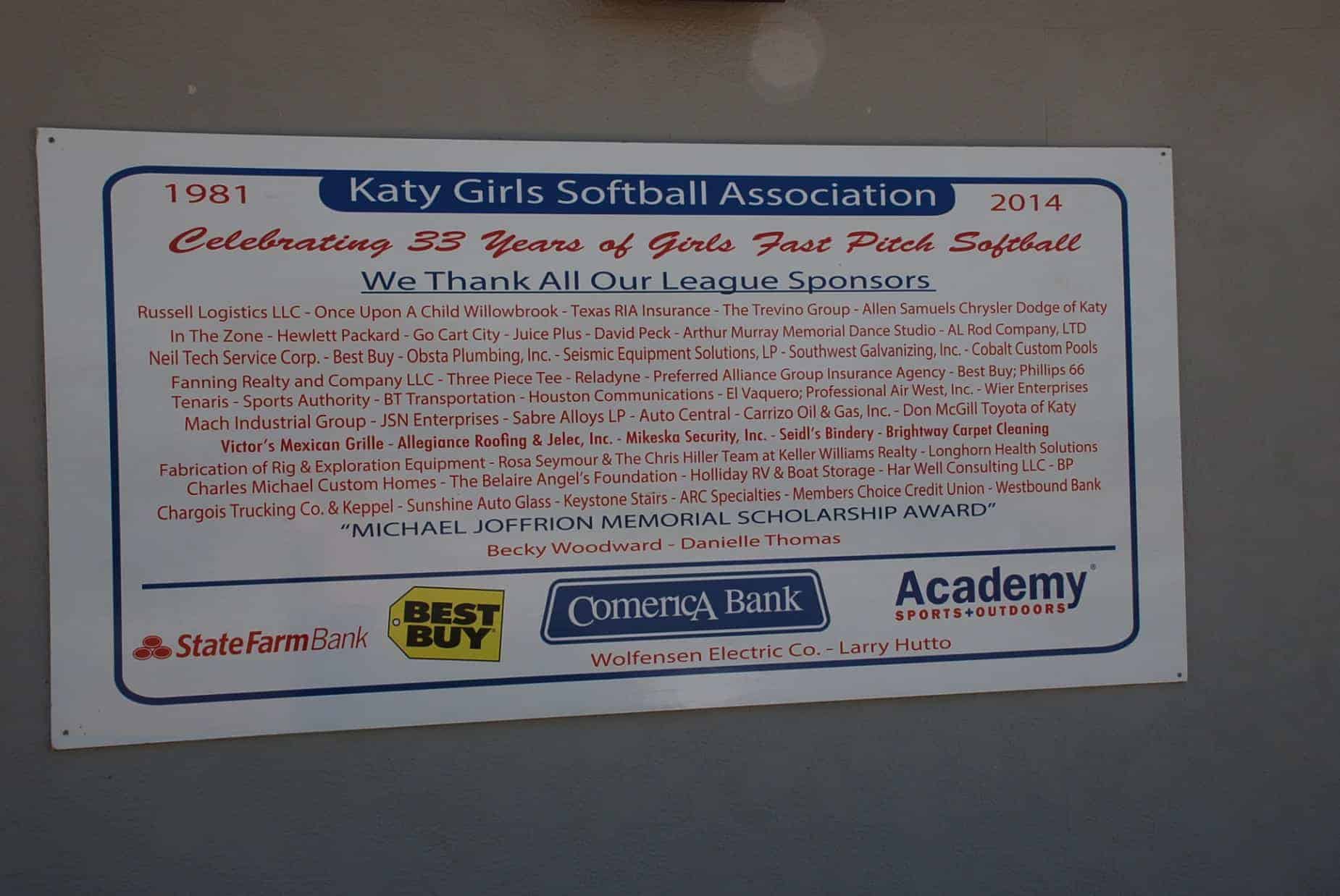 Katy Girl's Softball signage at Paul Rushing Park Katy TX