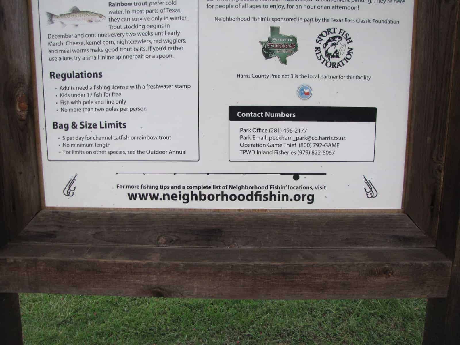 Fishing Rules Sign at Mary Jo Peckham Park Katy TX