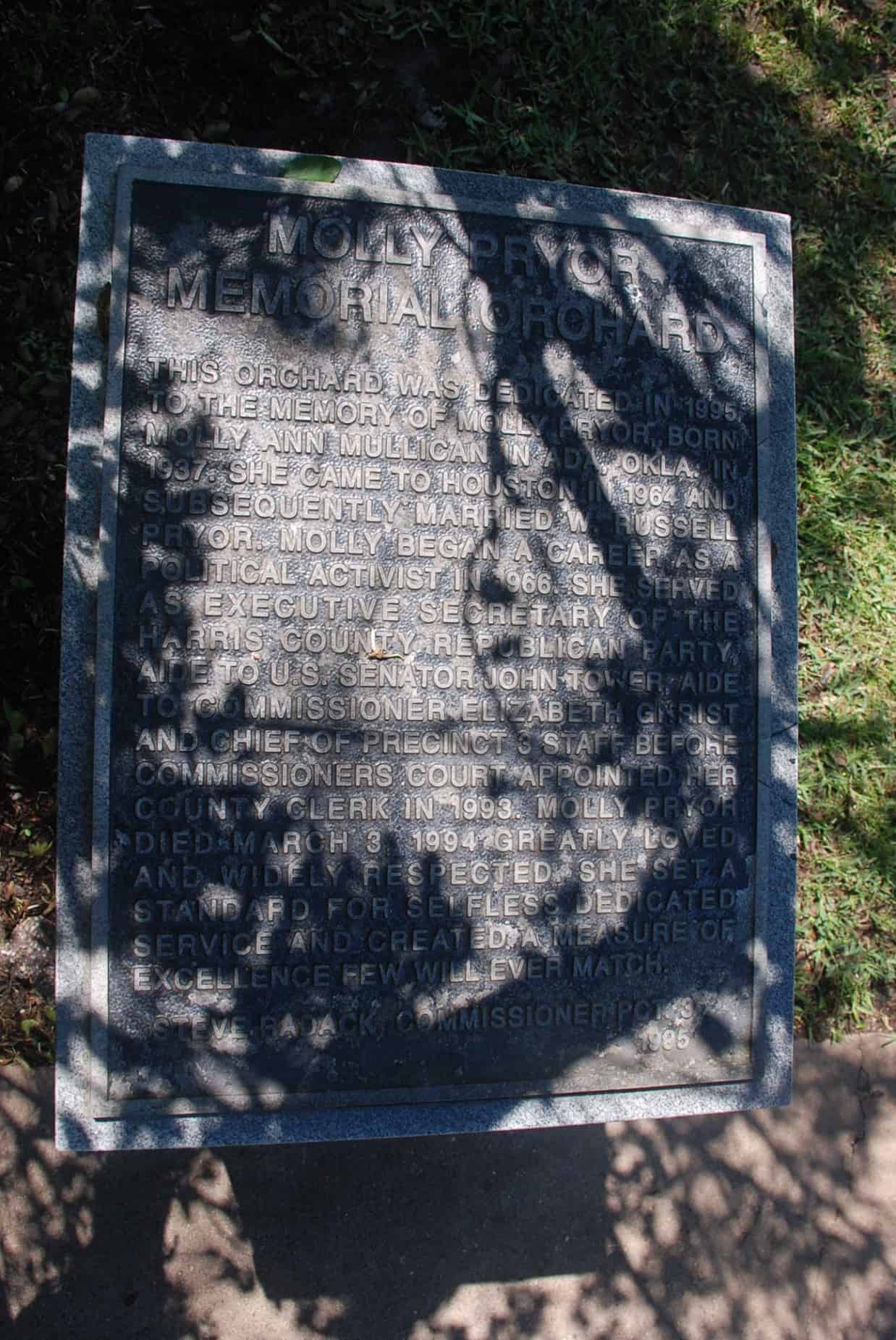 Molly Pryor Memorial Orchard Plaque within Terry Hershey Park Houston TX