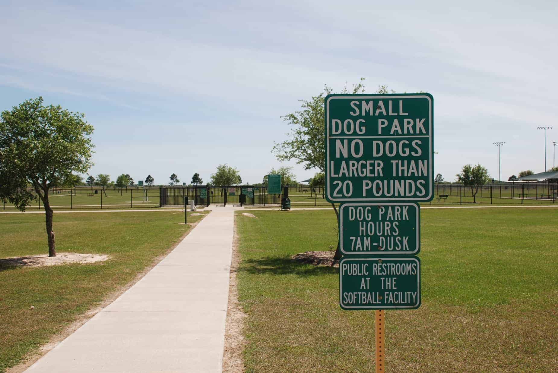 Sign for small dog park at Paul Rushing Park Katy TX