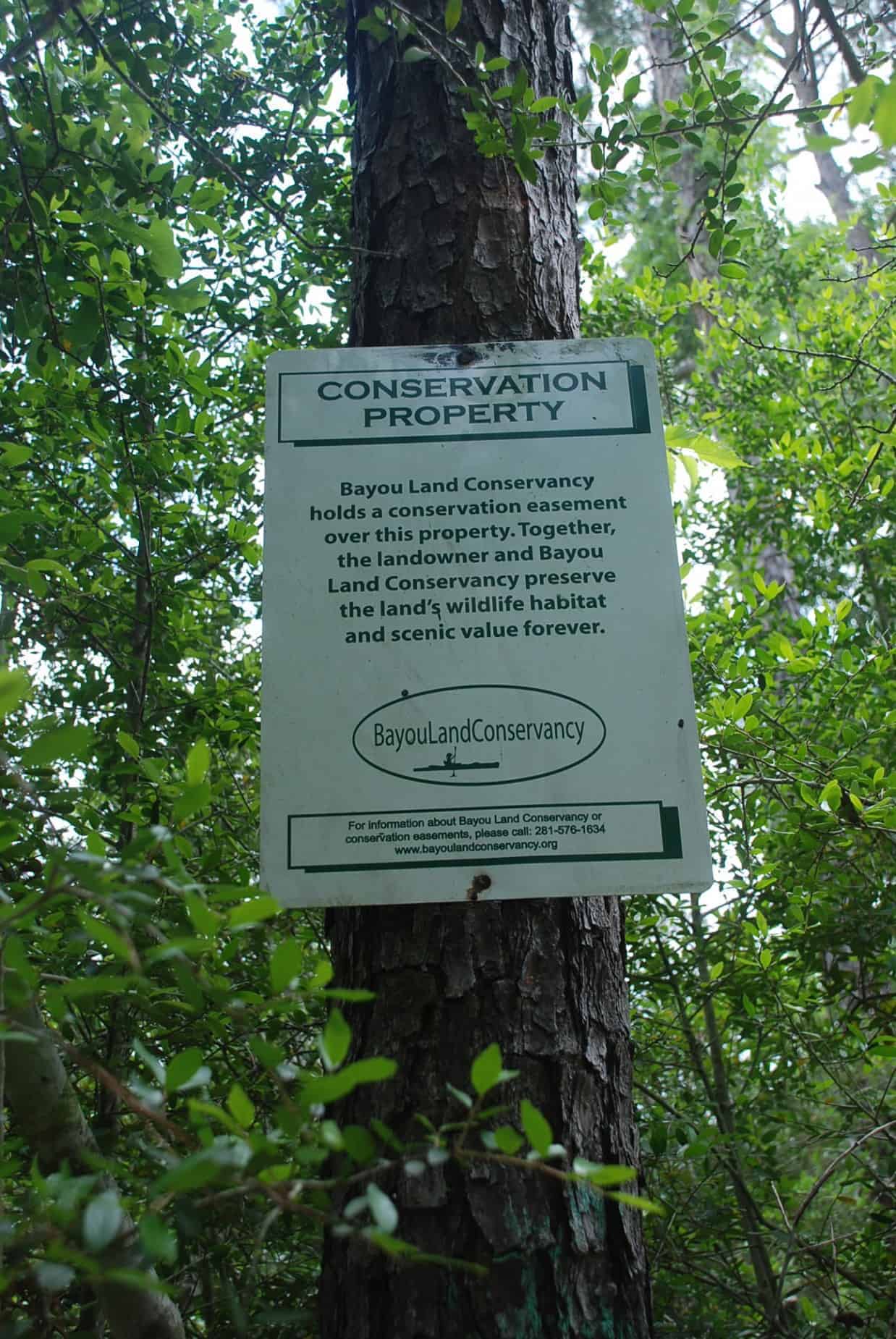 Signage concerning the Bayou Land Concervancy easement held over the 100 Acre Wood Preserve Houston TX property