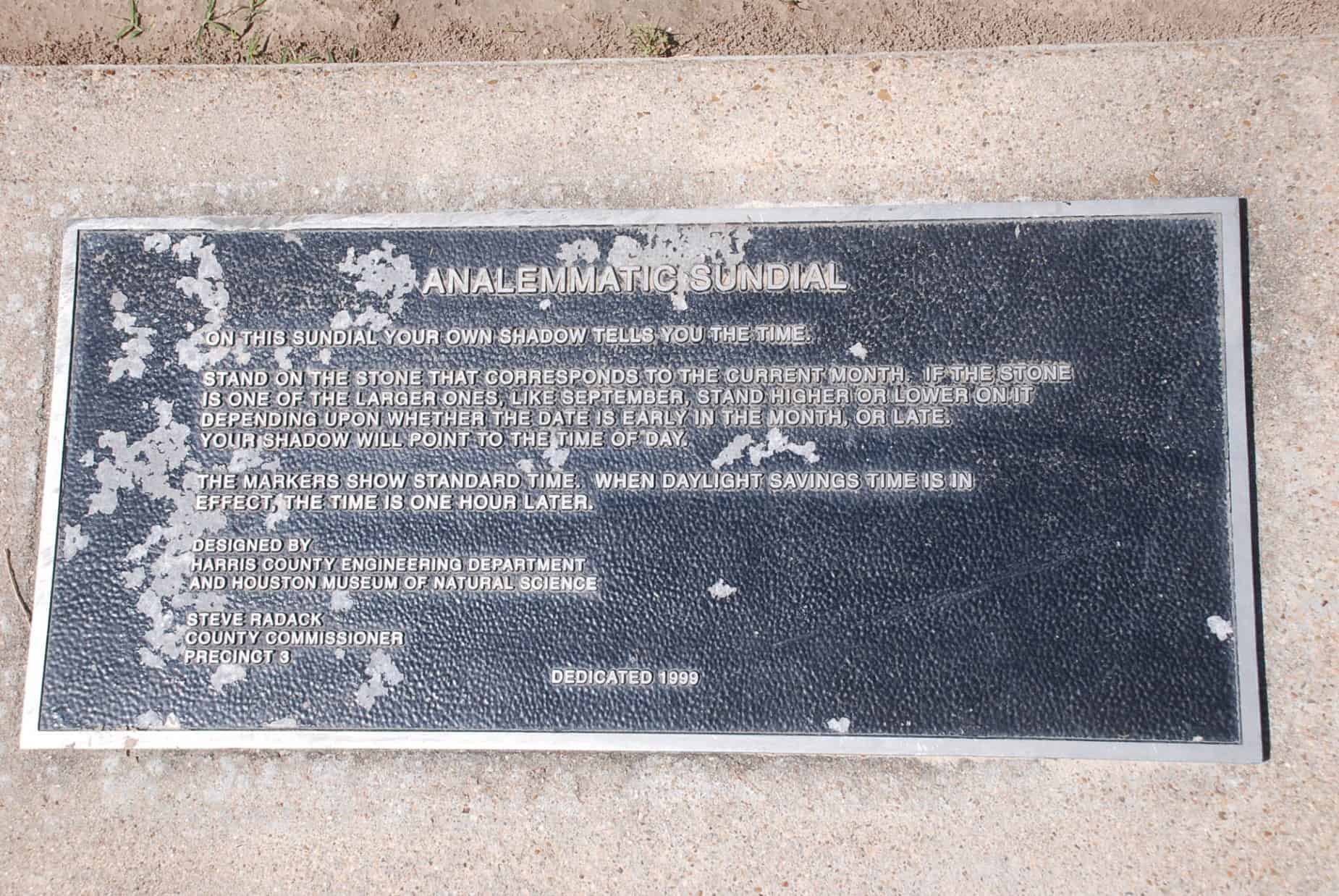 Sundial dedication plaque at Terry Hershey Park Houston TX