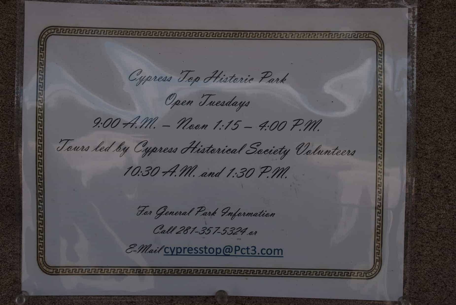 Tour Sign at Cypress Top Historic Park