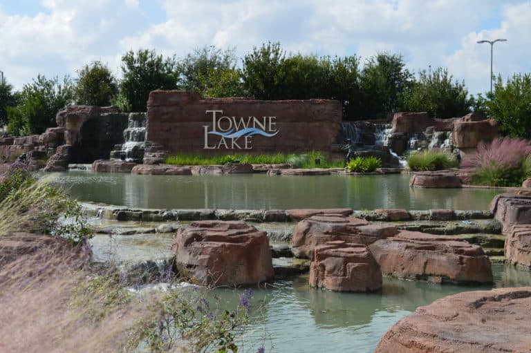 Towne Lake stone entrance monument with waterfalls and landscaping at Barker Cypress and Tuckerton in Cypress, TX 77433