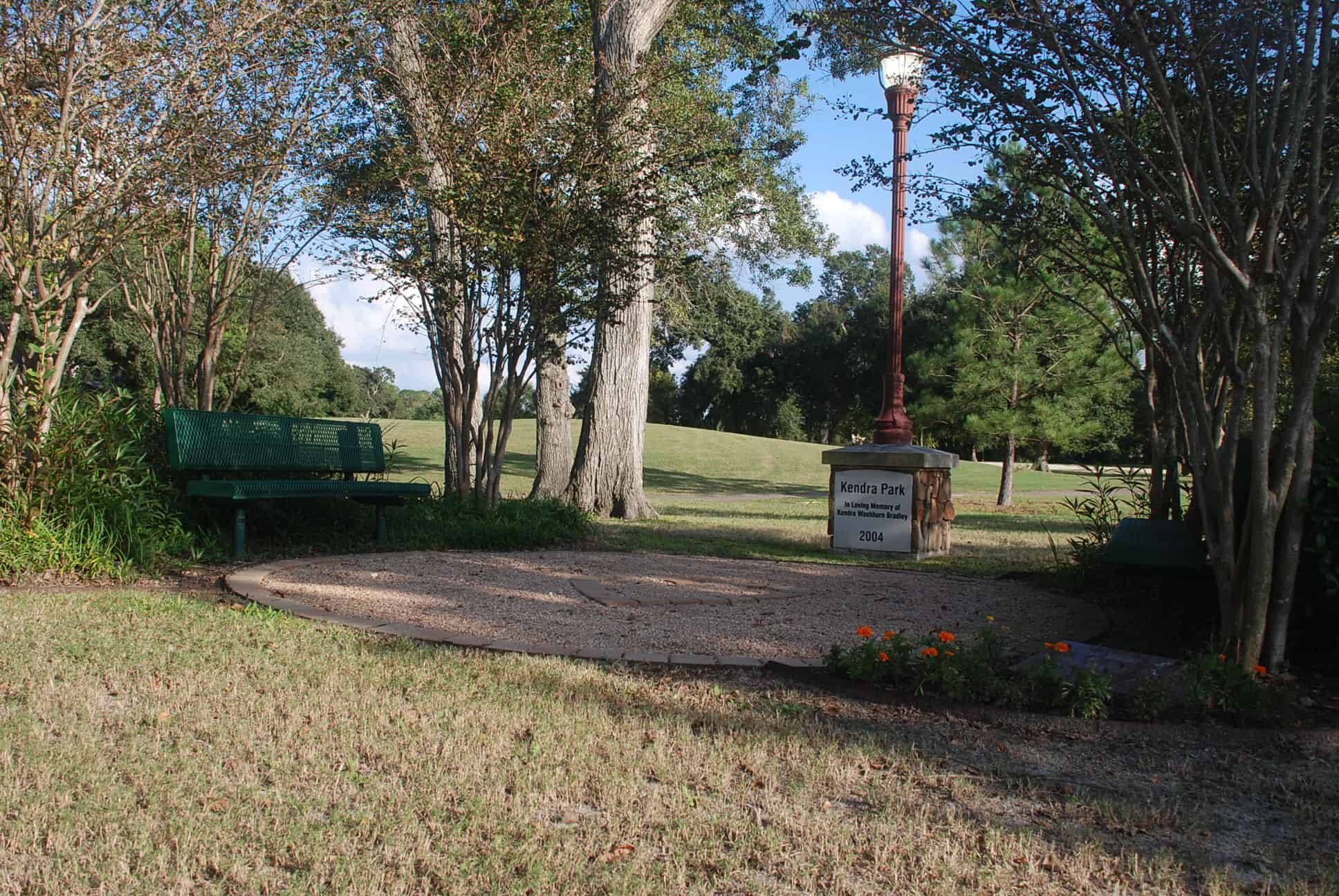 Kendra Park memorial pedestal and lamppost in the Hearthstone neighborhood park, Houston TX 77095