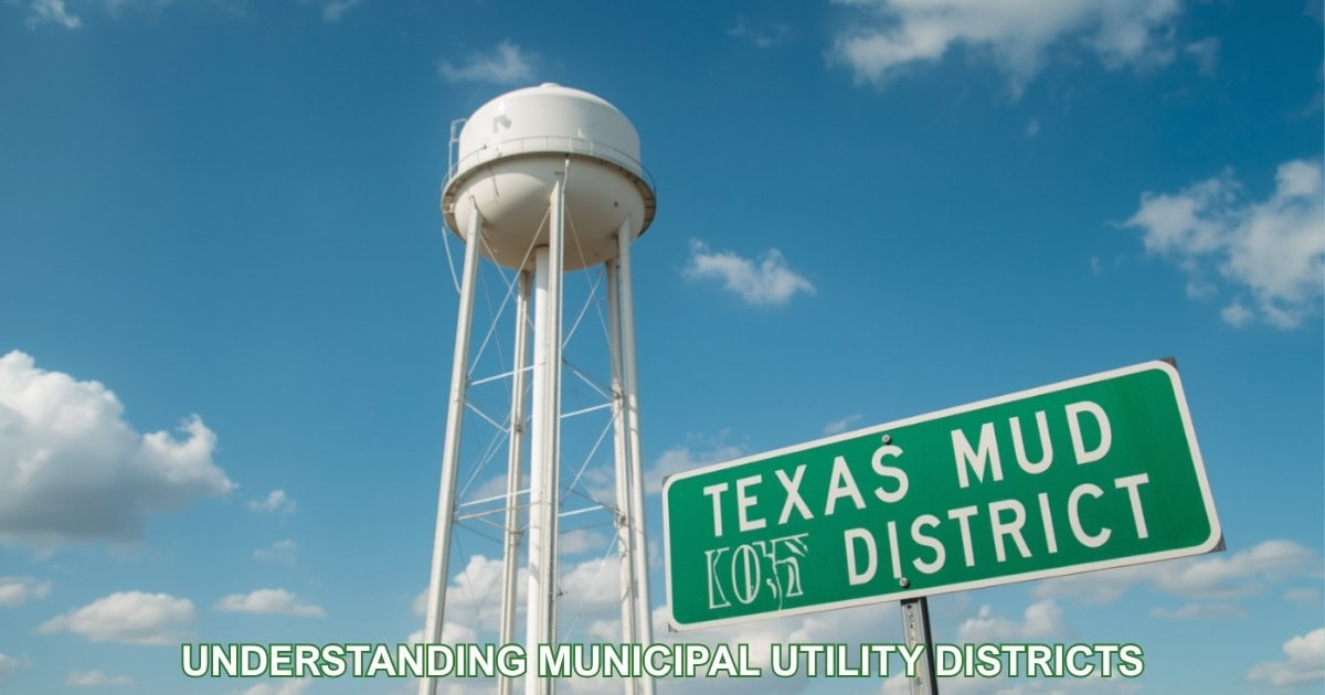 Texas water tower with a green road sign reading Texas MUD District