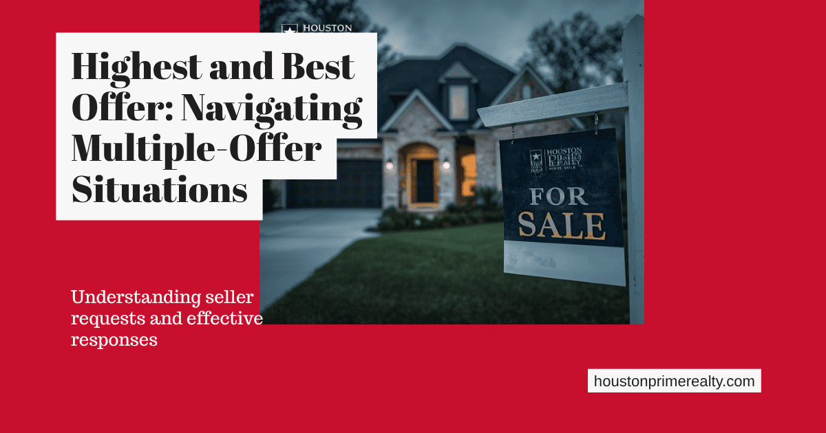 Highest and best offer in Texas — a Houston home for sale at dusk during a multiple-offer situation