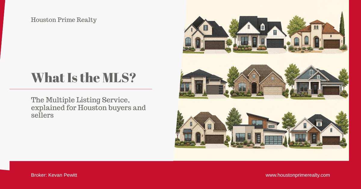What is the MLS — Multiple Listing Service explained for Houston buyers and sellers, shown as a grid of Houston homes