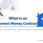 What is an earnest money contract — a buyer signing a Texas home purchase contract, with a house and handshake icon