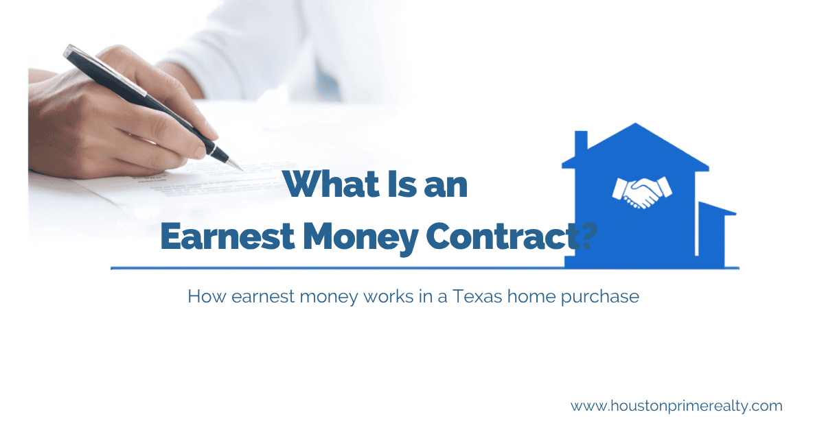 What is an earnest money contract — a buyer signing a Texas home purchase contract, with a house and handshake icon