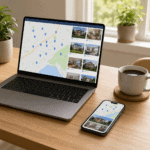 Laptop and smartphone showing a Houston real estate home-search map and listings