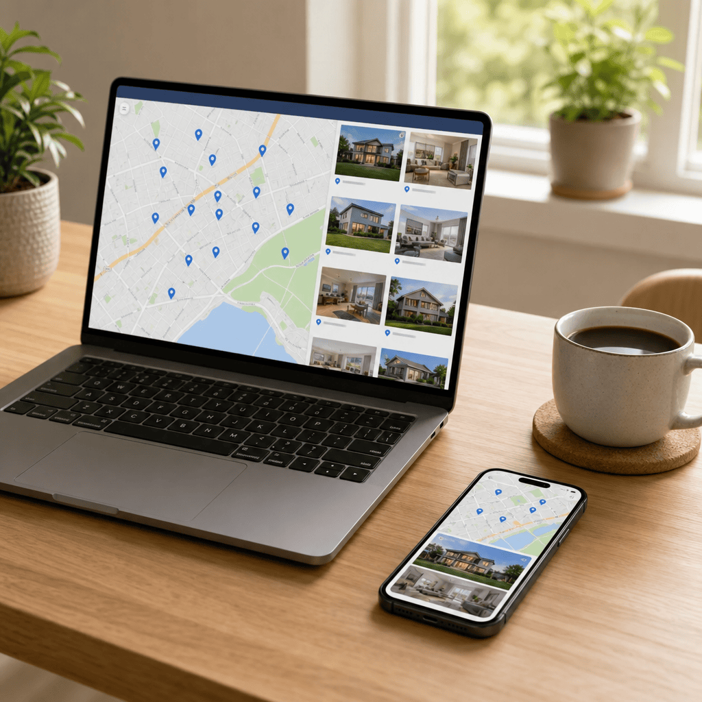 Laptop and smartphone showing a Houston real estate home-search map and listings