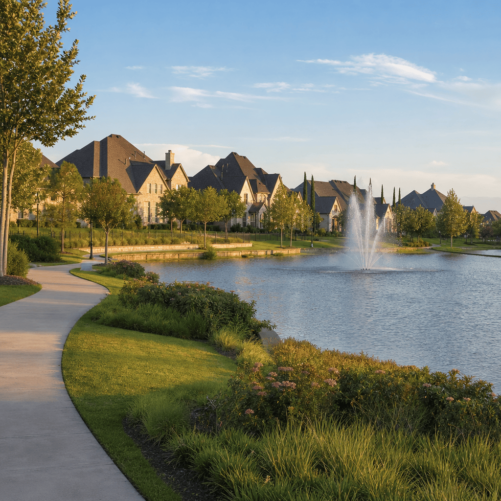 Master-planned community with a lake and upscale homes in Cypress, Texas