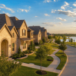 Tree-lined street of brick-and-stone family homes in a master-planned community in Katy, Texas, with a community lake in the background