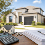 Calculator, model house, keys, and paperwork on a table representing property taxes and home-buying costs, with a suburban Texas home blurred behind