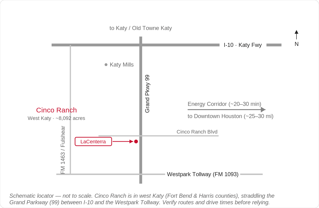 Map showing where Cinco Ranch sits in west Katy, TX along the Grand Parkway between I-10 and the Westpark Tollway