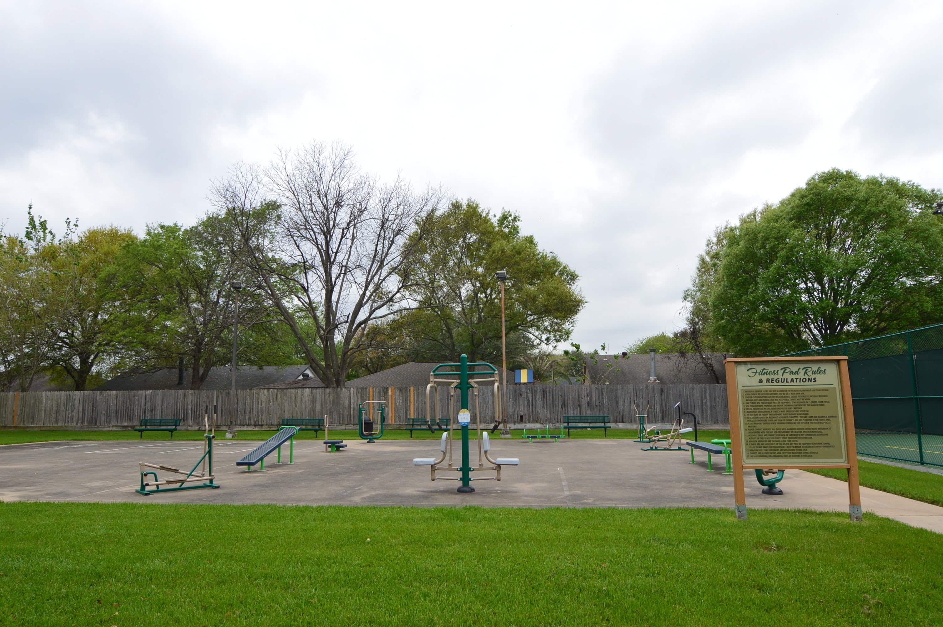 Outdoor fitness equipment pad in Central Bridge Park, Concord Bridge, Houston TX