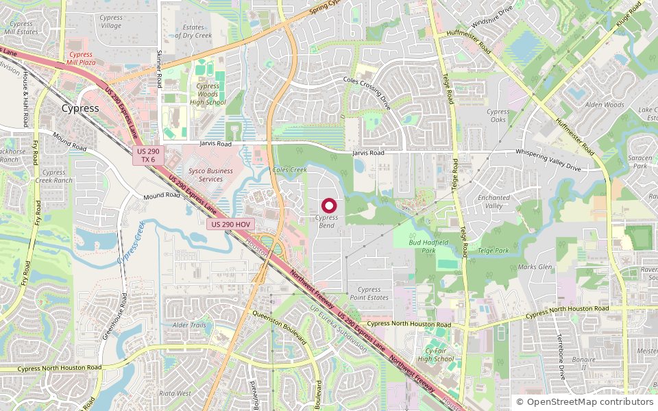 Coles Crossing location map off US-290 between Barker Cypress and Telge in Cypress, TX 77429, near Coles Crossing Drive and Cypress Woods High School