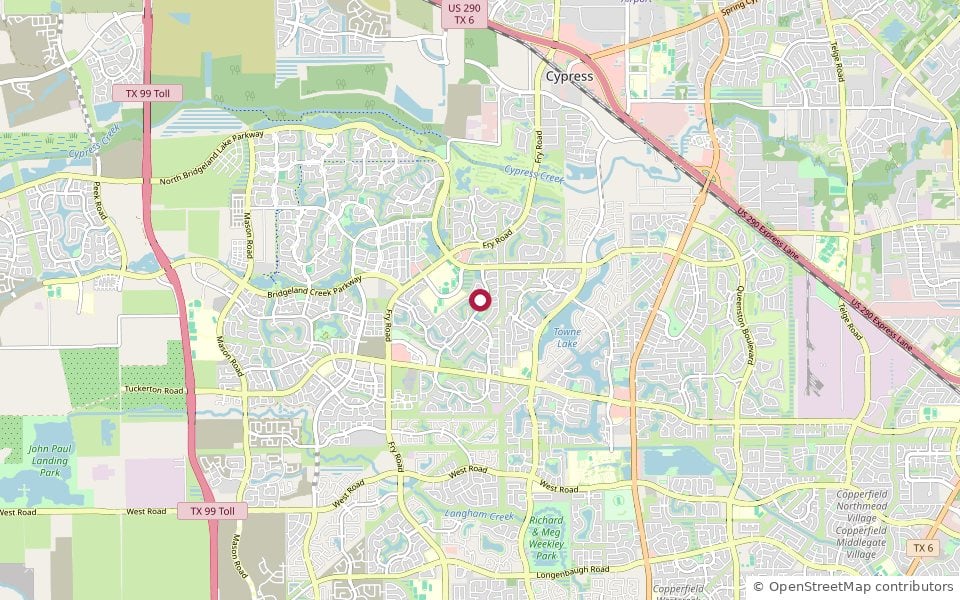 Cypress Creek Lakes location map along Fry Road between West Road and US-290 in Cypress, TX 77433, east of the Grand Parkway