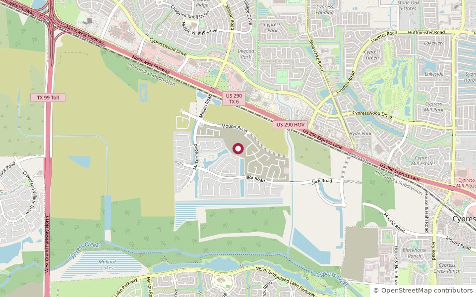 Map showing where Dunham Pointe sits in Cypress, TX — south of US-290 between Mason Road and Mueschke Road, east of the Grand Parkway