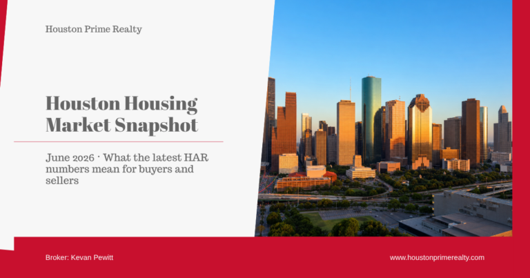Houston housing market June 2026 snapshot card with Houston skyline