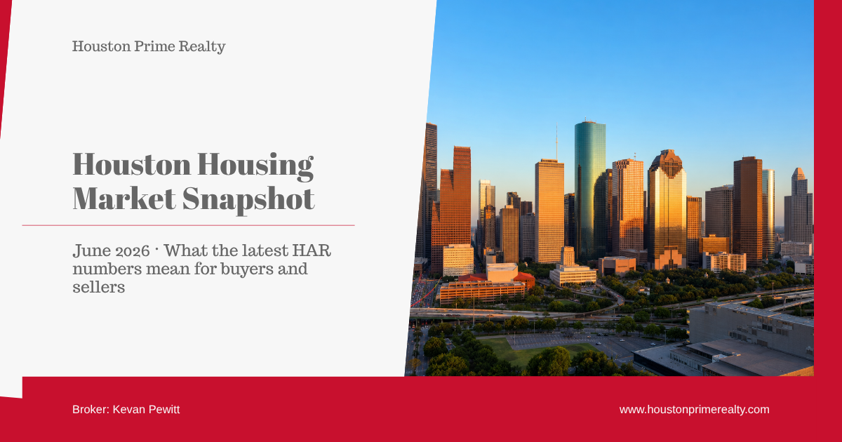 Houston housing market June 2026 snapshot card with Houston skyline