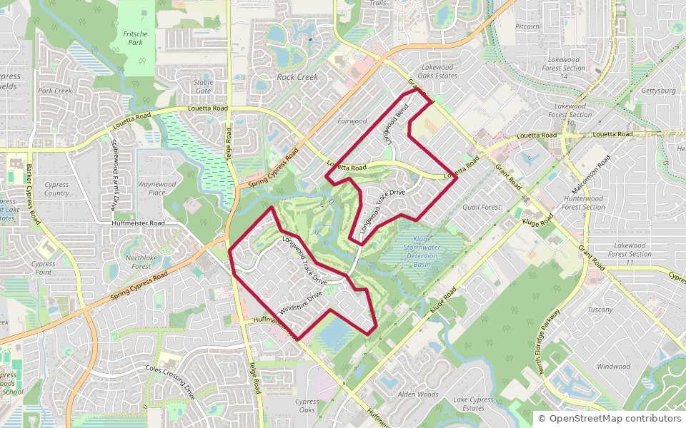 Map of the Longwood Village platted boundary in Cypress, TX 77429 โ off Spring Cypress Road near Telge Road, with the golf course and Kluge detention basin