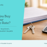 Houston Prime Realty card: Should You Buy Down Your Mortgage Rate? Points vs. a 2-1 buydown, with house keys, a calculator, and mortgage paperwork