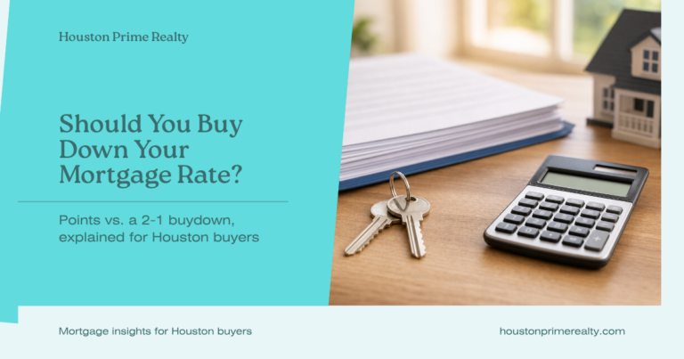 Houston Prime Realty card: Should You Buy Down Your Mortgage Rate? Points vs. a 2-1 buydown, with house keys, a calculator, and mortgage paperwork