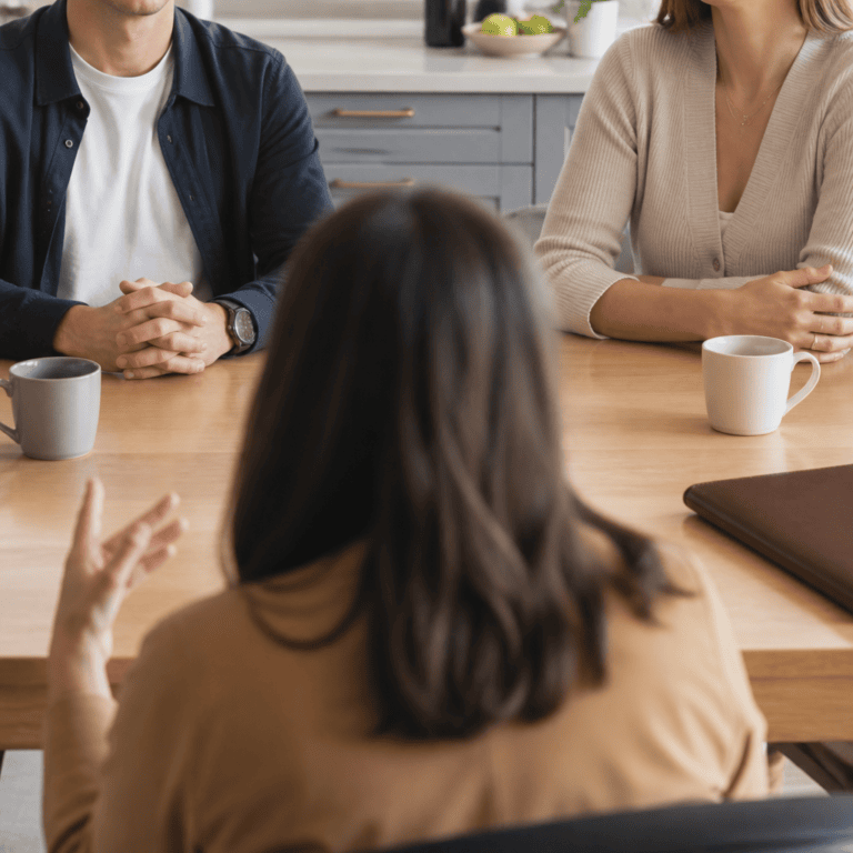 Questions to ask a real estate agent — a buyer consultation at a Houston kitchen table