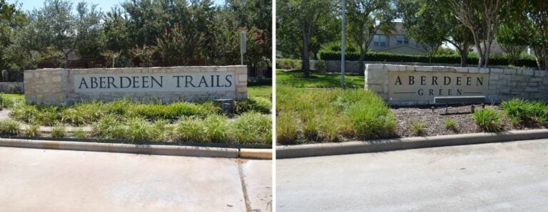 Aberdeen Trails and Aberdeen Green neighborhood entrance signs along Telge Road in Houston, TX 77095