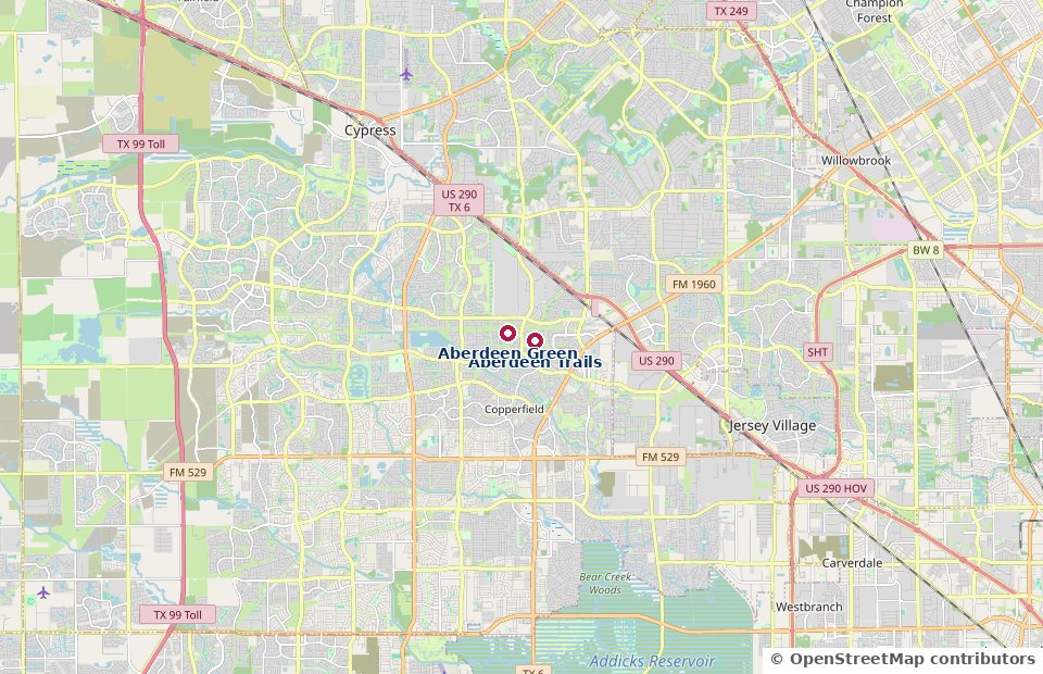 Map showing Aberdeen Trails and Aberdeen Green along Telge Road in Houston, TX 77095