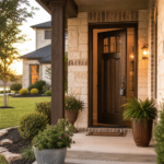 Front door of a Houston-area brick home with a lockbox on the handle, ready for a home showing — buying a house without a realtor in Texas