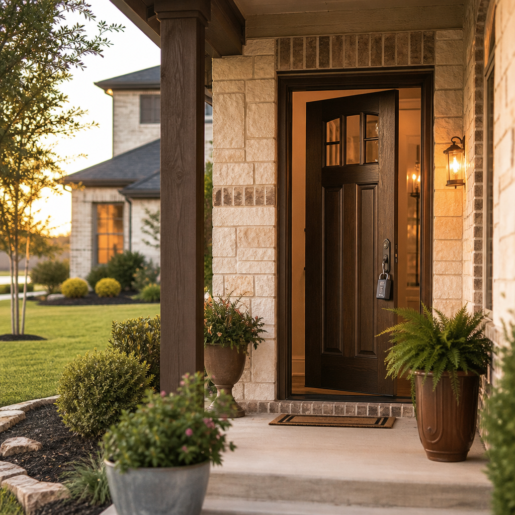 Front door of a Houston-area brick home with a lockbox on the handle, ready for a home showing — buying a house without a realtor in Texas
