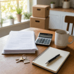 Paperwork keys and moving boxes on a kitchen table for a Houston first-time home buyer
