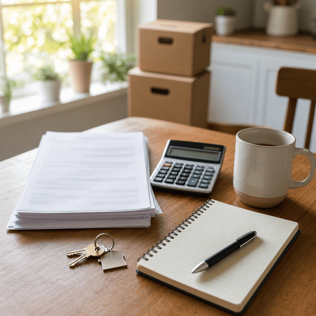 Paperwork keys and moving boxes on a kitchen table for a Houston first-time home buyer