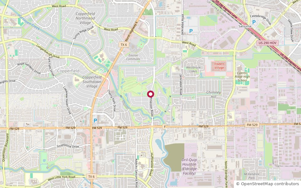 Map showing where Hearthstone is located in northwest Houston, TX 77095, between Huffmeister and Jackrabbit Roads north of FM 529