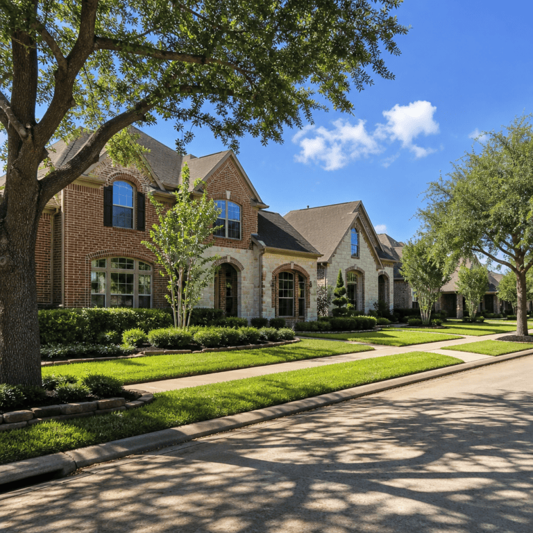 Single-family homes on a sunny suburban street, the kind of neighborhood buyers moving to Houston tour first