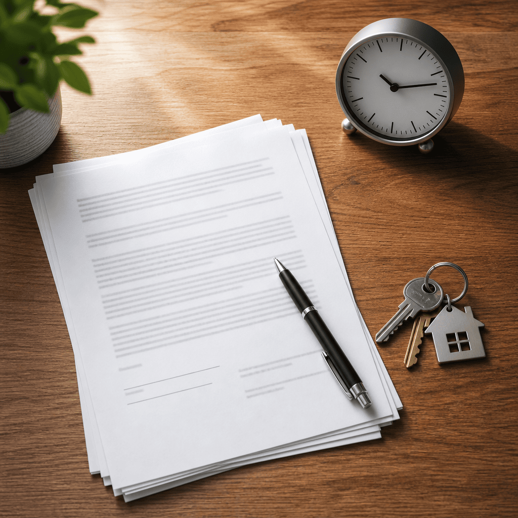 Contract paperwork, pen, keys and desk clock — the Texas option period runs on exact deadlines