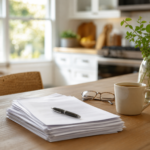 Texas seller's disclosure paperwork and a pen on a Houston kitchen table
