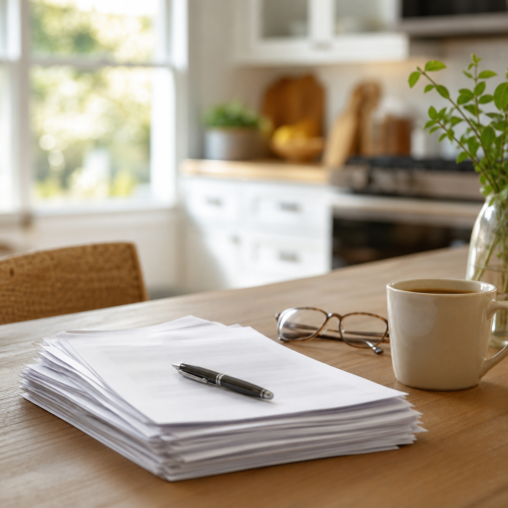 Texas seller's disclosure paperwork and a pen on a Houston kitchen table
