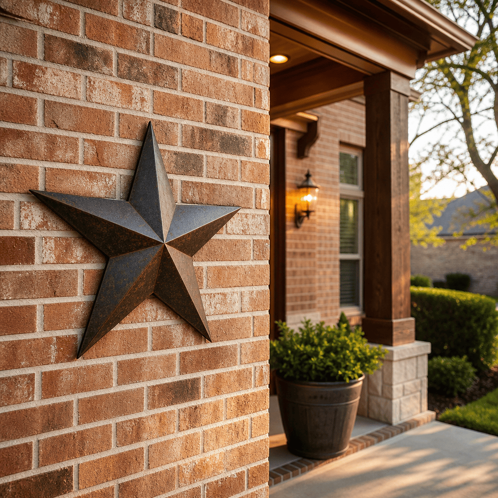 A metal lone star on a Houston brick home — the Texas Veterans Land Board home loan is a Texas-only benefit