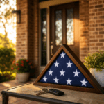 A folded flag and house keys on a Houston front porch — VA loans in Houston help veterans buy with zero down